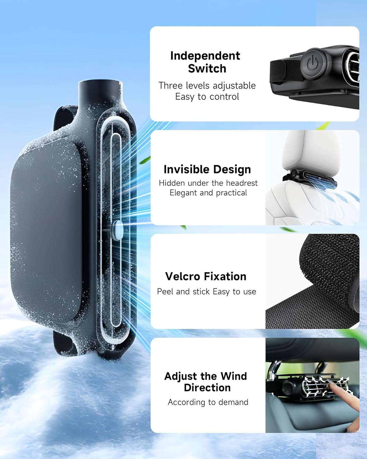 2026 NEW Car Seat Fan, Invisible Car Headrest Cooling Fan, USB Backseat Fan Portable Vehicle Design with 3 Adjustable Wind Speeds for Most Cars Vehicle Jeep Van RV Truck